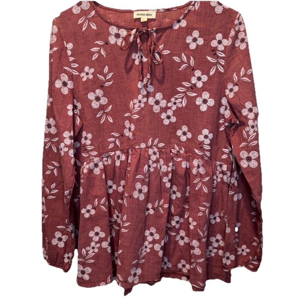Hidden Alley Floral Tie Baby Doll Long Sleeve‎ Womens Top L Boho Peasant